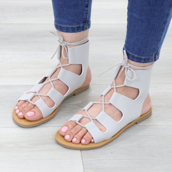 Gray Gladiator Laced-Up Bootie Style Flat Sandals - Picture 2 of 14